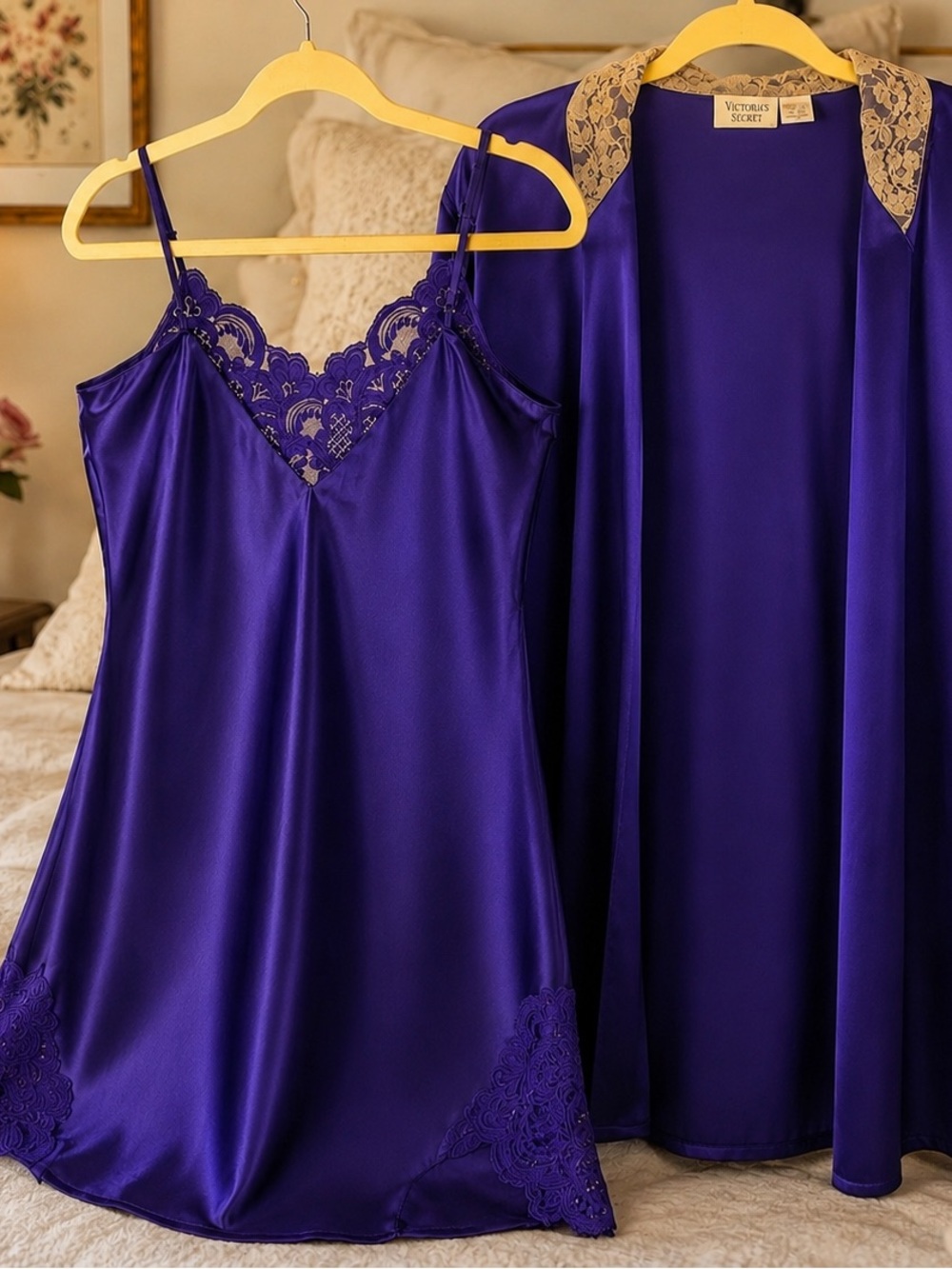 Victoria's Secret Deep Purple Satin Lace Chemise and Robe Set